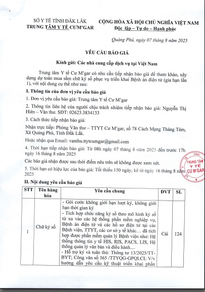 Yêu cầu báo giá để tham khảo, xây dựng dự toán mua sắm chữ ký sô để phục vụ triển khai bệnh án điện tử(gia hạn lần 1)